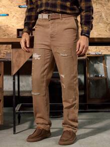 Manfinity Homme Vintage American Style Men's Khaki Denim Cargo Jeans Loose Straight Pants With Patchwork - Khaki - View 1