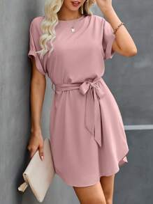 SHEIN Clasi Casual Solid Color Batwing Sleeve Summer Dress - Baby Pink - View 4
