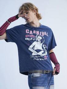 Manfinity Denimwave Camisa de mezclilla de manga corta y ajuste holgado con lavado decolorado de copos de nieve en azul mediano para hombre con estilo callejero retro Y2K