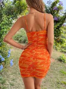 SHEIN VCAY Đầm Bodycon, Đi Biển Mùa Hè, Kỳ Nghỉ Lưới Dệt Kim In Slim Fit Mini Cami Đầm Nữ 25 Kiểu - Màu Cam cháy - Xem 2