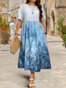 EMERY ROSE Plus Size Summer Contrast Floral Short Sleeve Dress