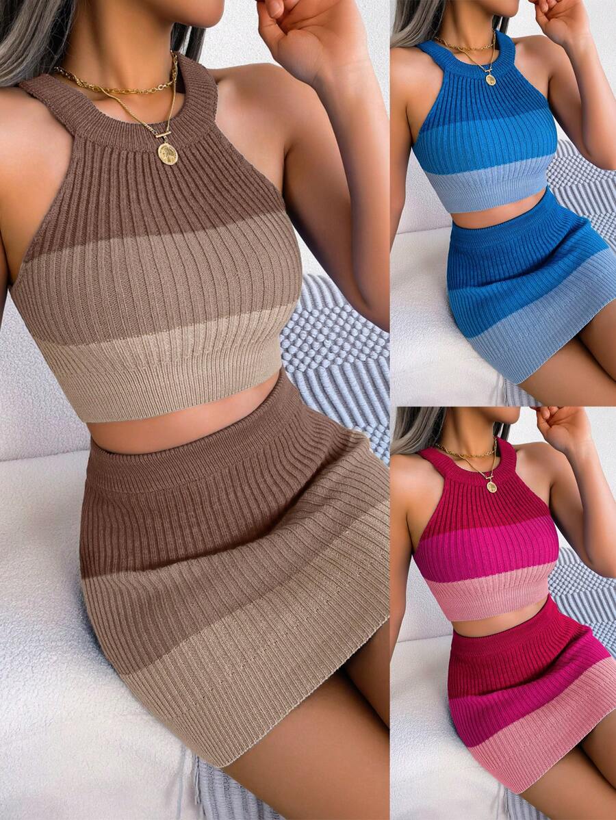 European & American Fashion Colorblock Cropped Top And Bodycon Skirt Knit Suit Set, Spring/Summer Casual - Khaki - View 1