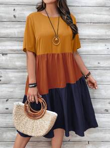 EMERY ROSE Plus Size Women's Contrast Color Doll Dress For Spring - Rust Brown - View 1