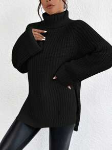 EURMUSE Women's High Neck Raglan Long Sweater - Black - View 3