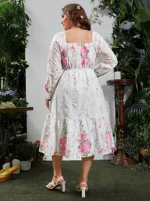 Flirla Vestido Casual Romântico Estampado de Manga Longa e Decote Quadrado em Tamanho Grande - Branco - Ver 2