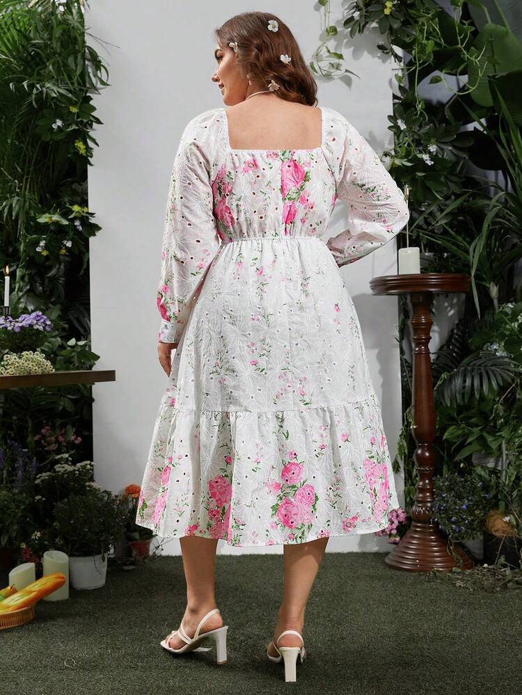 Plus Size Square Neck Long Sleeve Printed Romantic Casual Dress Fall Cloth For Women