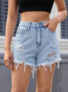 SHEIN Essnce Women's Casual Denim Shorts With Frayed Hem And Distressed Pockets, Perfect For Daily Wear And Travel