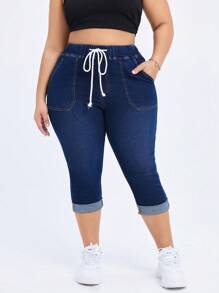 Flexra 大码弹力针织牛仔休闲百搭七分裤 - 深色水洗藍 - 查看 3