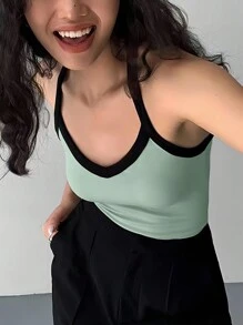 INAWLY 女款夏季修身拼色掛脖吊帶背心 - 紅色 - 查看 5