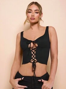 SHEIN BAE Top corto con tirantes de encaje negro para festivales de música, conciertos country, estilo Y2K y verano, top corto para mujer, top sin mangas, top de verano, para mujer - Negro - Ver 4