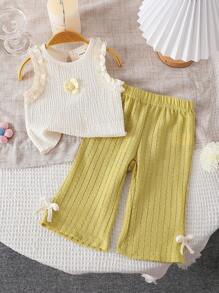 SHEIN Vintaside Kids 嬰兒女夏季休閒花卉裝飾荷葉邊坦克頂配蝴蝶結裝飾長褲套裝 - 杏色 - 查看 8
