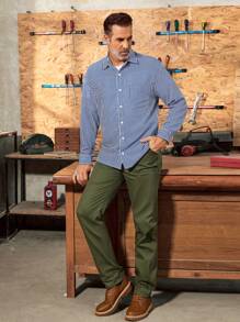 Manfinity Homme 男士條紋印花前扣長袖襯衫和實色口袋牛仔褲休閒套裝 - 軍綠色 - 查看 7