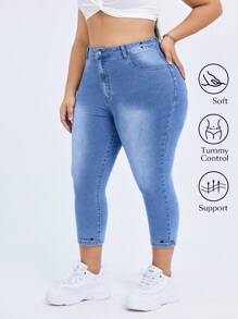 SHEIN CURVE+ 大码女式夏季牛仔节日度假水洗牛仔裤