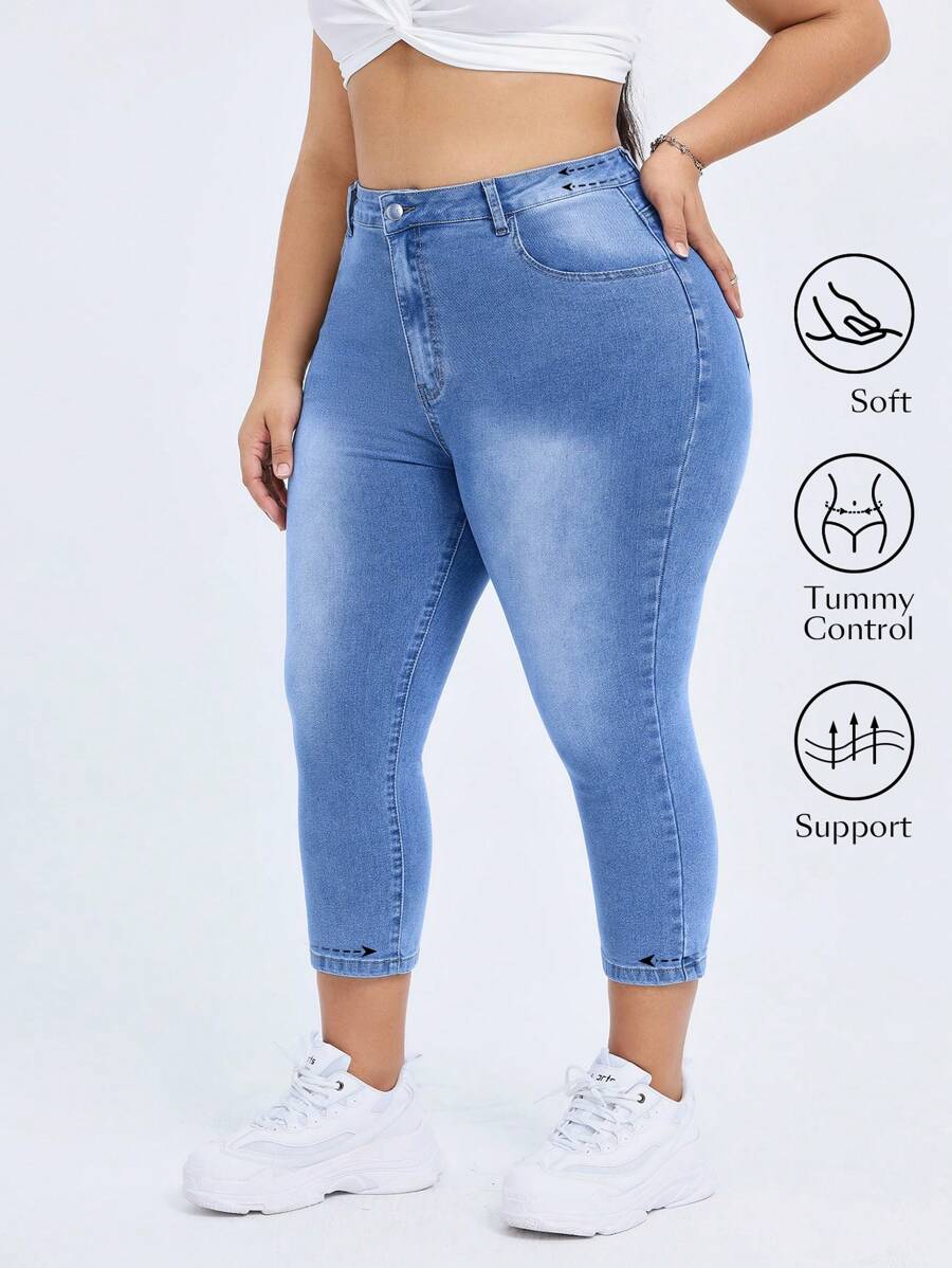 SHEIN CURVE+ 大码女式夏季牛仔节日度假水洗牛仔裤