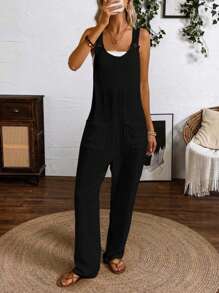 EMERY ROSE Loose Washed Wrinkled Jumpsuit With Front Pocket And Shoulder Strap - Black - View 4