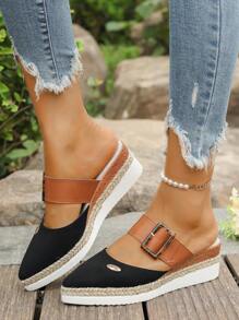 优雅厚底坡跟女式平底鞋（尺码偏小）、高端厚底帆布平底鞋、尖头扣环平底鞋、大码百搭厚底运动鞋、复古豹纹扣环时尚平底鞋 - 黑色 - 查看 7