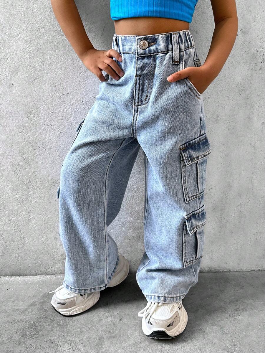 SHEIN Young Girl Fashionable Casual Workwear Style Denim Jeans, Multi-Pocketed And Washed Straight-Legged Jeans - Medium Wash - View 1