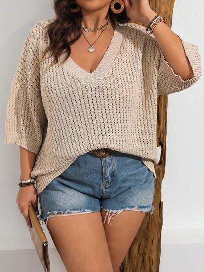 Franclia Solid Color Loose Hollow Out Plus Size Sweater Pullover, For Winter