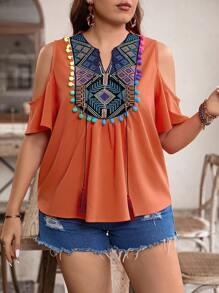 Breezaya Plus Size Women's Stylish Open Shoulder Shirt With Colorful Print And Pom Pom Decor