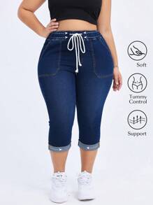 Flexra 大码弹力针织牛仔休闲百搭七分裤 - 深色水洗藍 - 查看 1