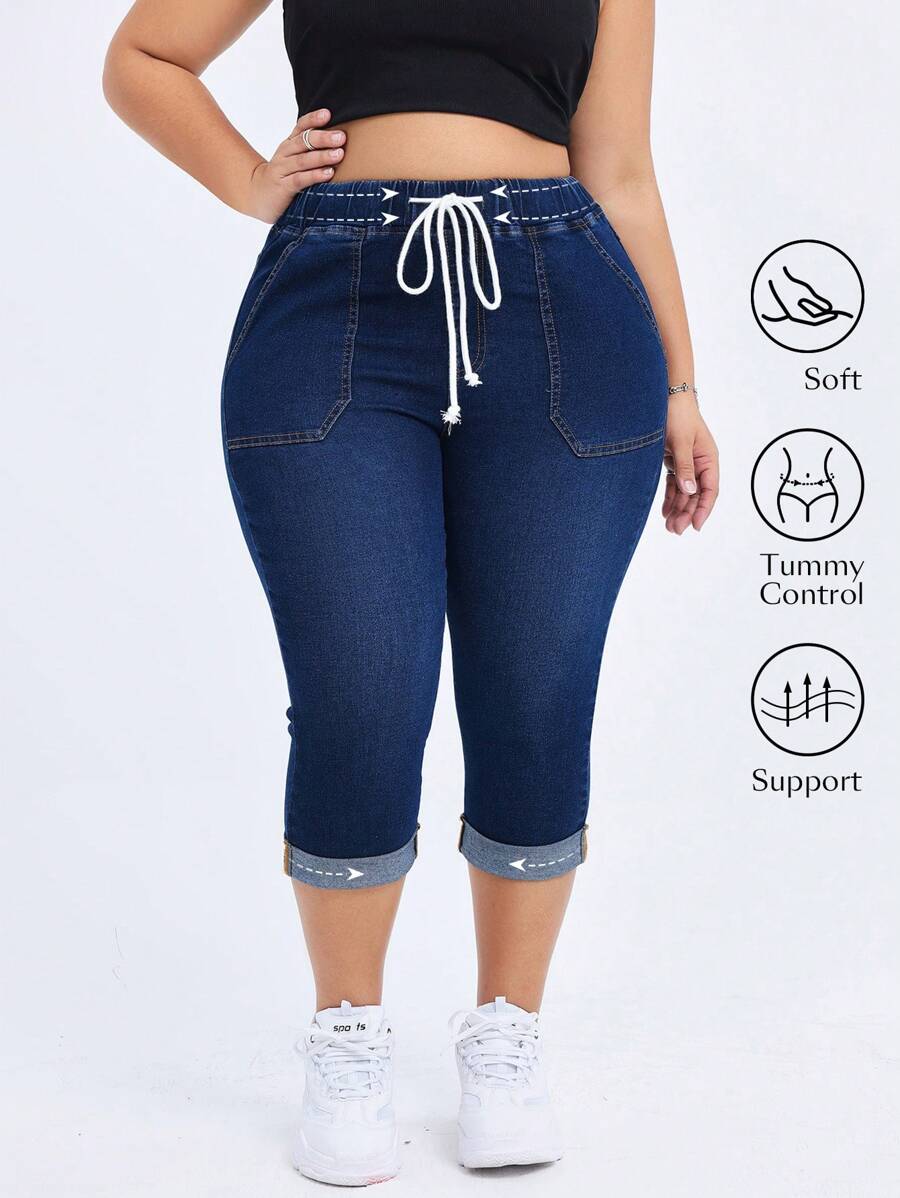 Flexra 大码弹力针织牛仔休闲百搭七分裤 - 深色水洗藍 - 查看 1