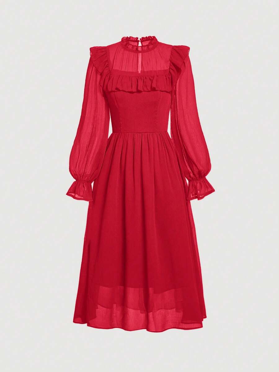 SHEIN MOD 荷葉邊後鎖孔素色雪紡洋裝