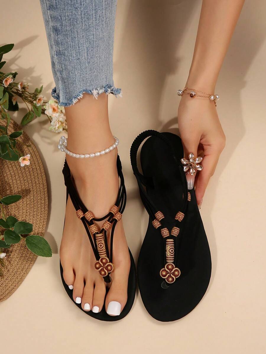 Platte sandalen in bohemian stijl voor dames met een teenring met kralen, perfect voor strand en vakantie, Valentijnsdag, teenslippers, lente- en zomeroutfits. - Zwart - Bekijken 1
