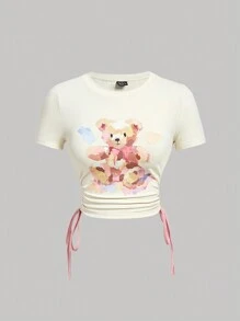 SHEIN MOD Women's Cute Graphics Short Sleeve T-Shirt ,Waist Drawstring Tie With Bow ,Pink & Beige Oil Painting Style Cute Bear Waist-Tie  Elastic , Funny Cream-Colored , Comfy Summer T Shirts - Apricot - View 1