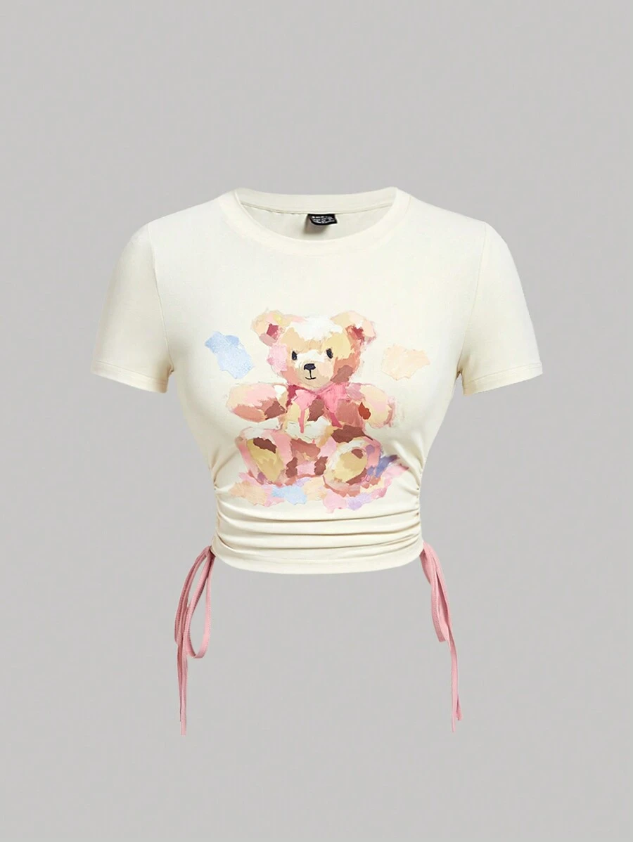SHEIN MOD Women's Cute Graphics Short Sleeve T-Shirt ,Waist Drawstring Tie With Bow ,Pink & Beige Oil Painting Style Cute Bear Waist-Tie  Elastic , Funny Cream-Colored , Comfy Summer T Shirts - Apricot - View 1