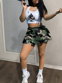 Slaydiva Cổ Chữ U Ngụy Trang Trái Tim Q In Áo Ngụy Trang Mini Chân Váy Chữ A Nữ Hai Bộ - Nhiều màu - Xem 1