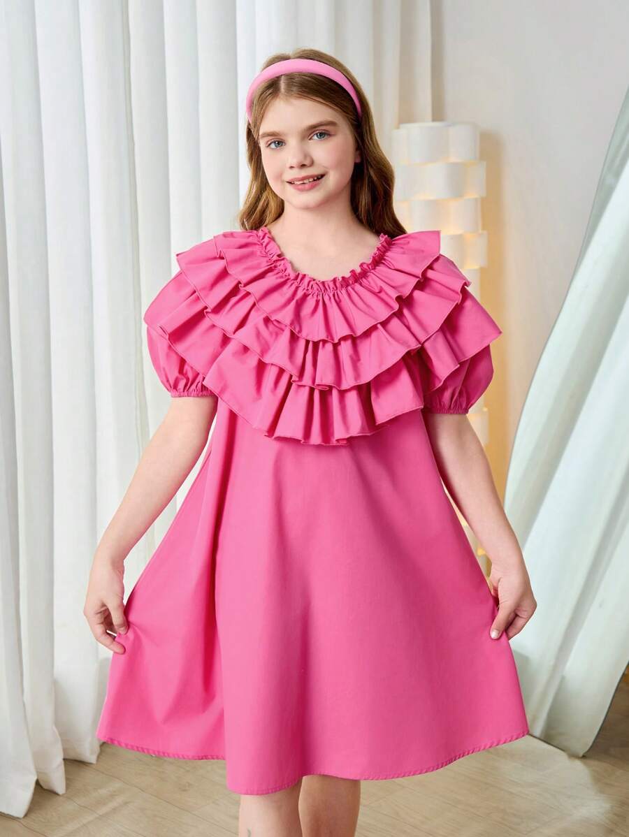 SHEIN Tween Girl Loose Vintage Layered Ruffle Collar Puff Sleeve Solid Color Midi Dress