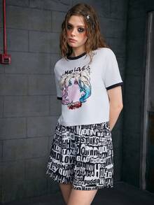 Harley Quinn X SHEIN Ensemble pyjama pour femmes avec T-shirt à imprimé de lettres de personnage de dessin animé et short, été - Noir et Blanc - Voir 6