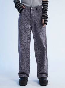 Manfinity Roghcode Y2K Retro Street Style Men's Leopard Print Wide Leg Baggy Jeans