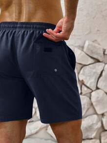 Manfinity Swimmode Men's Vacation Letter Print Drawstring Waist Wide-Leg Beach Shorts - Navy Blue - View 3