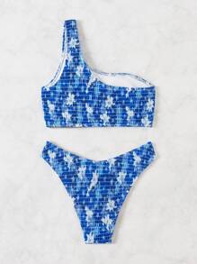 SHEIN Swim 女士夏季海滩花卉印花连体比基尼套装，单肩性感比基尼套装，带随机印花 - 彩色 - 查看 2