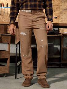 Manfinity Homme Vintage American Style Men's Khaki Denim Cargo Jeans Loose Straight Pants With Patchwork - Khaki - View 4