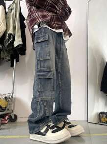 ROMWE MEN 男式宽松阔腿牛仔裤，配有多个大口袋，学校