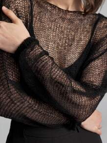 Ontre 女秋冬黑色休闲圆领长袖半透女毛衣，适合休闲都市，简约时尚，城市通勤，教师节穿搭