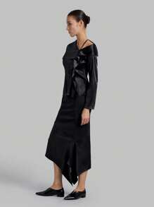 Ontre Women's Patchwork Frill Trim Asymmetrical Collar Long Sleeve Shirt
