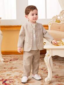 SHEIN Young Boy Casual College Style Neutral Solid Color Stand Collar Long Sleeve Shirt And Trousers Woven Two-Piece Set Boys Wedding Suitboys Dress Suits