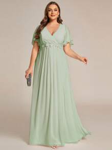 EVERPRETTY Elegant V-Neck Floral Applique Chiffon Dress With Ruffle Sleeves - Mint Green - View 4