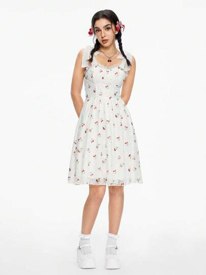 Kawaii Robe de style champêtre avec cerises imprimées en dentelle douce pour femmes