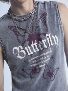 Manfinity Roghcode Y2K Retro Street Style Men's Denim Snowflake Ripped Funny Disco Graphic Vest With Butterfly Pattern, For Friends