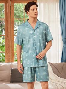 Conjunto informal para hombre de camisa estampada de palmeras de manga corta con botones y shorts para descansar durante las vacaciones