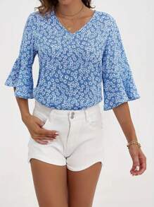 INAWLY Áo sơ mi tay loe in hoa trong kỳ nghỉ giải trí dành cho nữ - Màu xanh lam - Xem 3