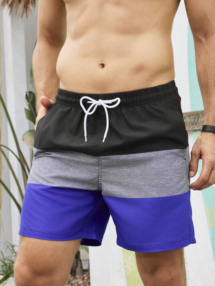 Men's Casual Drawstring Waist Loose Fit Color Block Beach Shorts (Tailored Cut)