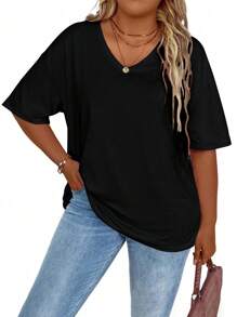 EMERY ROSE Áo thun ngắn tay cổ chữ V có kích thước lớn dành cho nữ, mùa hè - màu đen - Xem 1