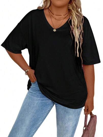 EMERY ROSE Women's Plus Size Solid Color V-Neck Short Sleeve Casual T-Shirt, Summer