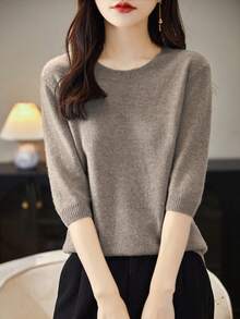 女款100％美麗諾羊毛套領半袖輕薄短袖上衣，輕奢時尚毛衣針織套頭衫，適用於夏秋兩季