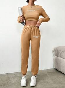 Women's Letter Print Crop Top And Sweatpants Set - Camel - View 3